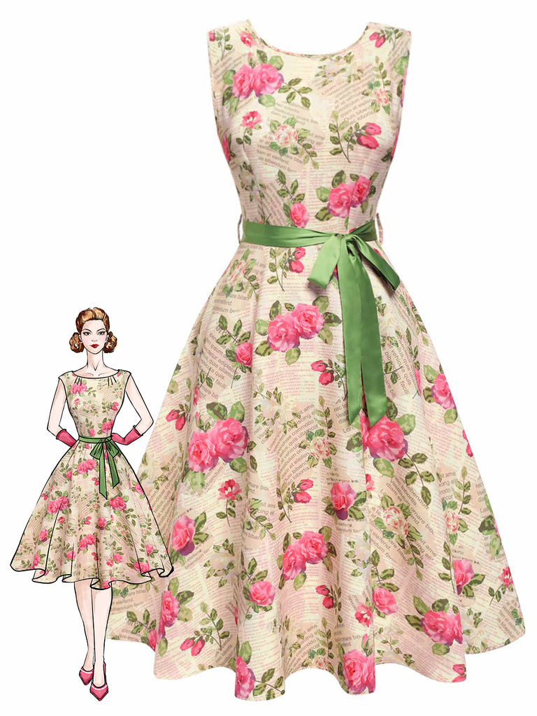 Multicolor 1950s Rose Pictorial Belted Dress