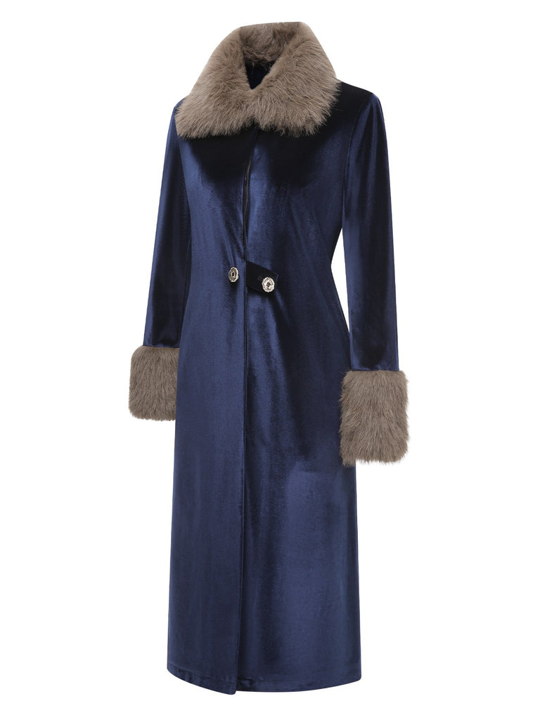 [Pre-Sale] Blue 1930s Fur Collar Velvet Shift Coat