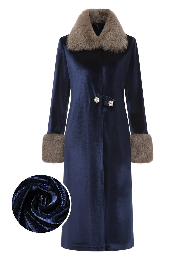 [Pre-Sale] Blue 1930s Fur Collar Velvet Shift Coat