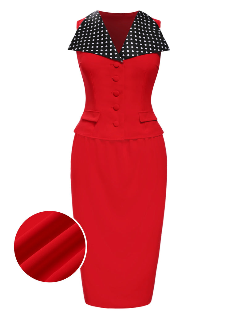 [Pre-Sale] 2PCS Red 1960s Dots Lapel Top & Pencil Skirt