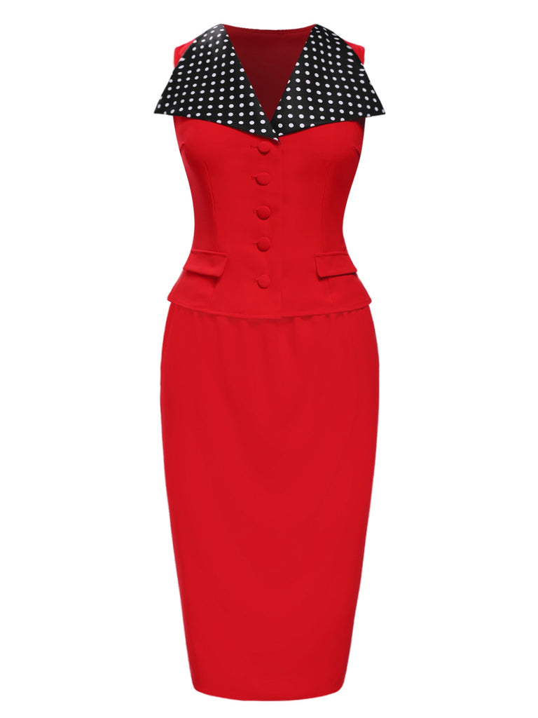 [Pre-Sale] 2PCS Red 1960s Dots Lapel Top & Pencil Skirt