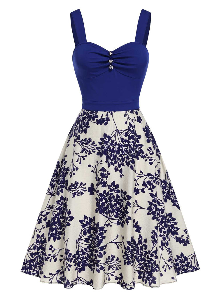 Blue 1950s Floral Button Sweetheart Neck Dress