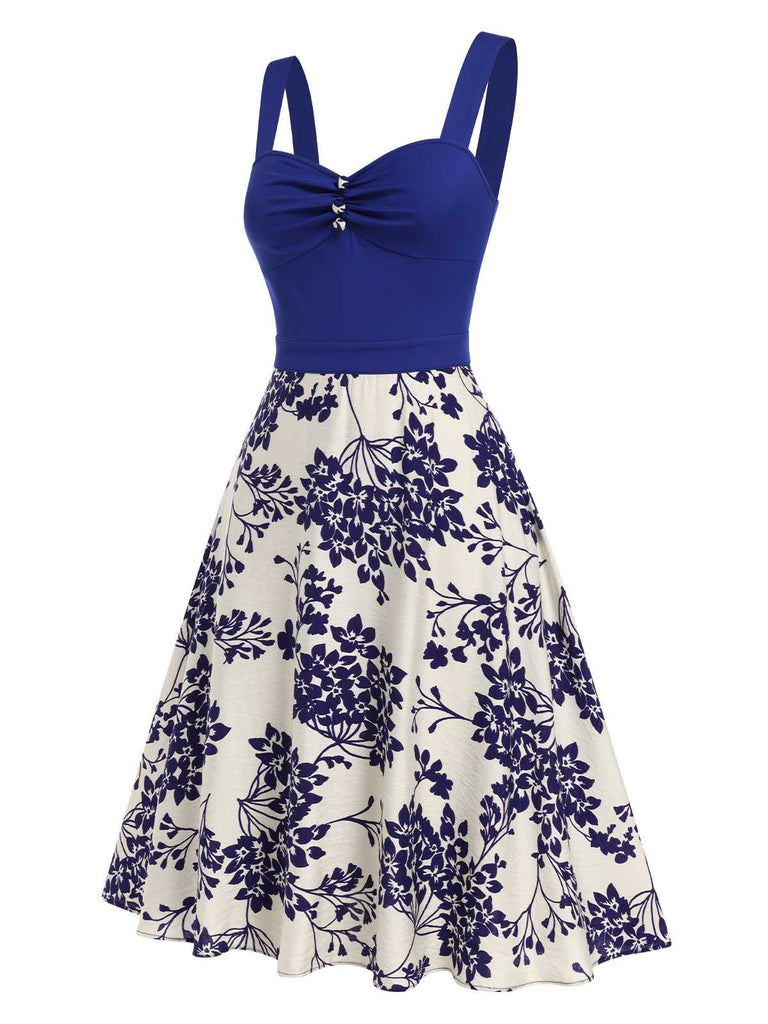 Blue 1950s Floral Button Sweetheart Neck Dress