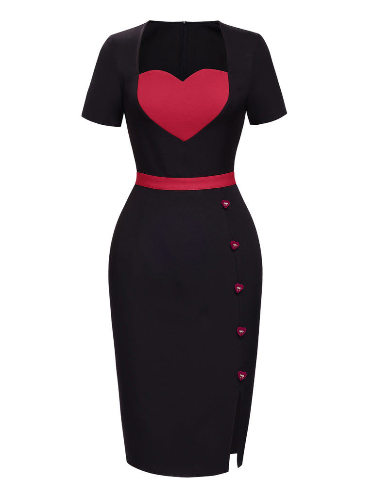 Black 1960s Heart Neck Button Slit Dress