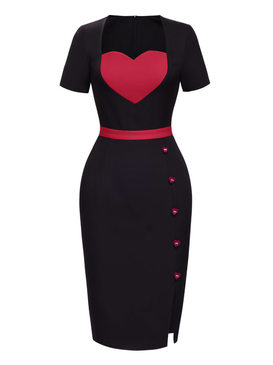 Black 1960s Heart Neck Button Slit Dress