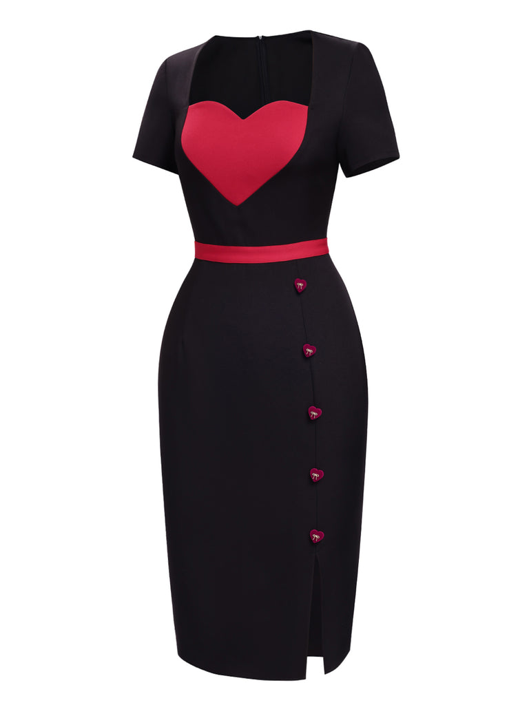 Black 1960s Heart Neck Button Slit Dress