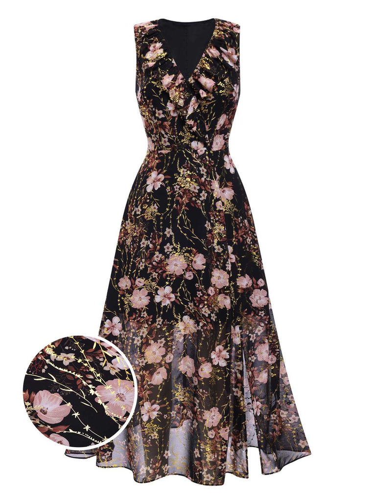 [Pre-Sale] Black 1930s V-Neck Floral Ruffles Maxi Sleeveless Dress