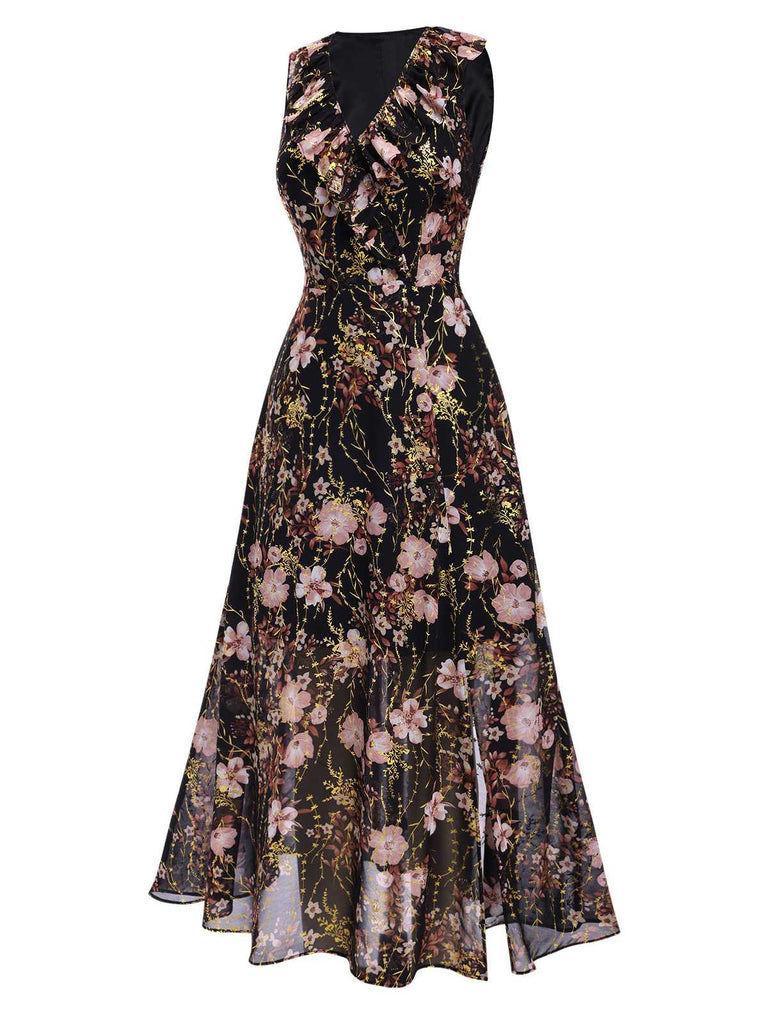 [Pre-Sale] Black 1930s V-Neck Floral Ruffles Maxi Sleeveless Dress