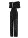 Black 1980s V-Neck Feather Sequined Jumpsuit