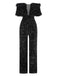 Black 1980s V-Neck Feather Sequined Jumpsuit