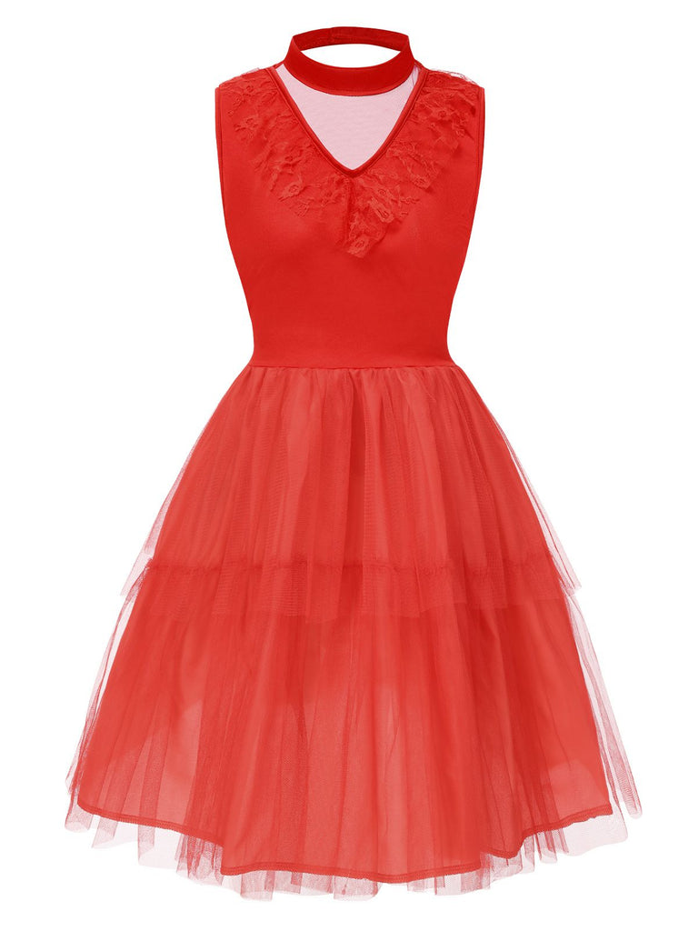 Red 1950s Solid Mesh Bow Translucent V-Neck Dress