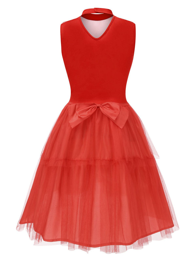 Red 1950s Solid Mesh Bow Translucent V-Neck Dress