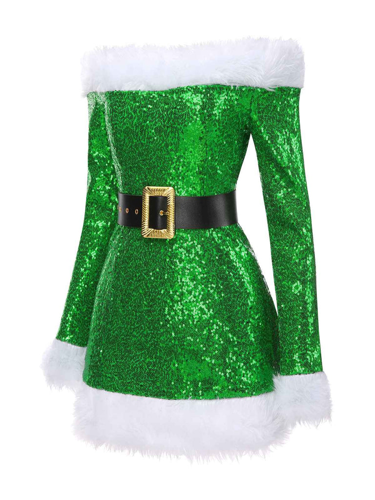 Green 1960s Christmas Plush Sequined Patchwork Dress