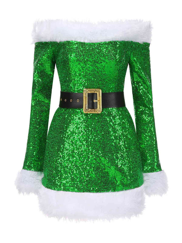 Green 1960s Christmas Plush Sequined Patchwork Dress