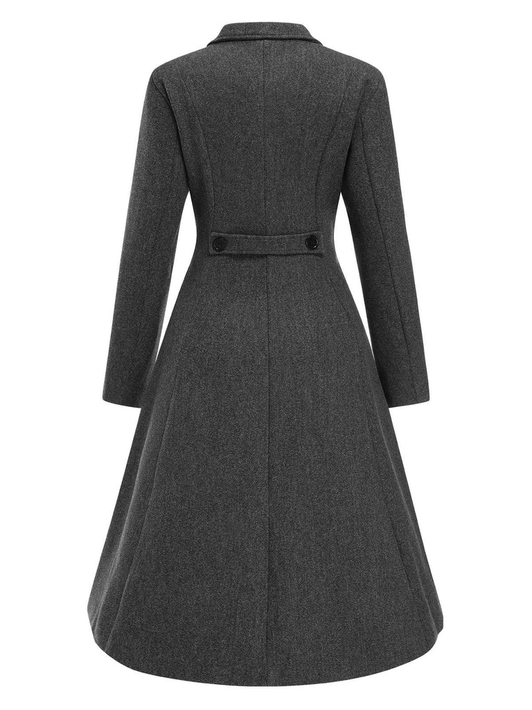 Grey 1940s Notched Lapel Faux Wool Long Coat