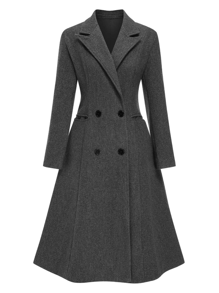 Grey 1940s Notched Lapel Faux Wool Long Coat