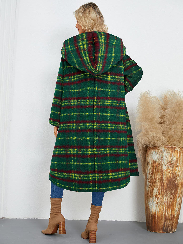 Green 1950s Gingham Plaid Hooded Coat