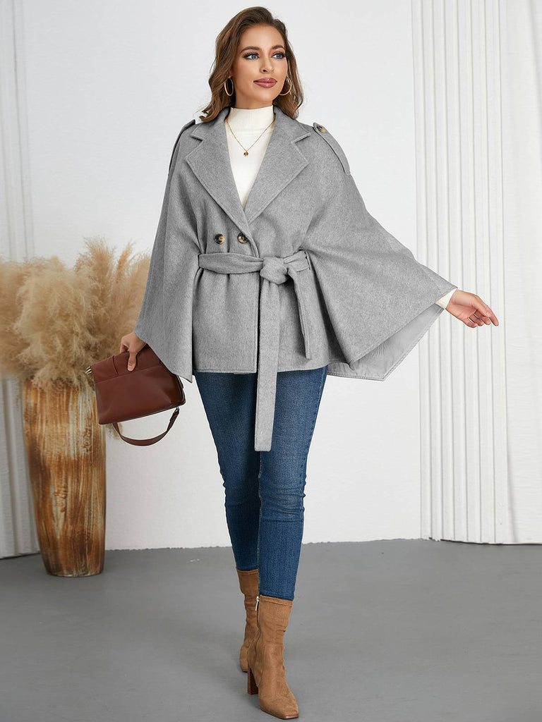 Gray 1950s Solid Notched Collar Belted Cloak Coat