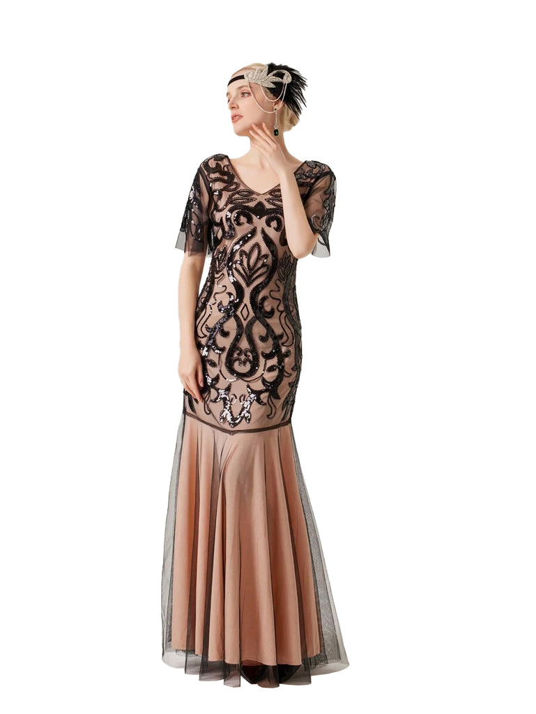 Apricot 1920s V-Neck Sequined Mesh Evening Dress