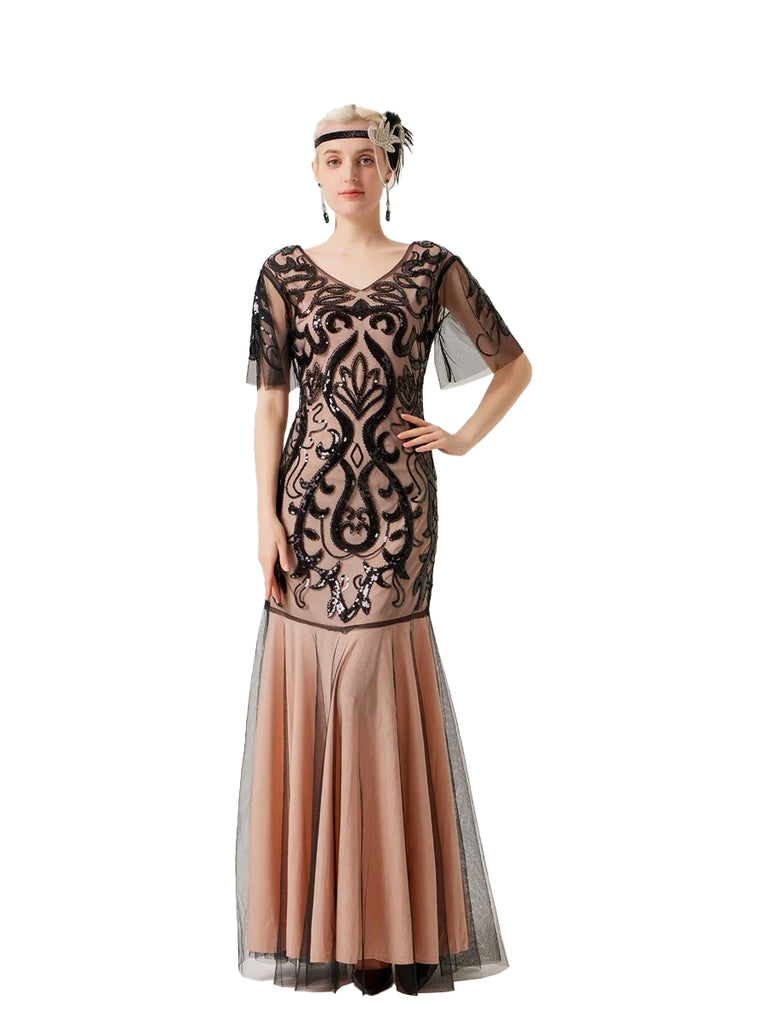 Apricot 1920s V-Neck Sequined Mesh Evening Dress