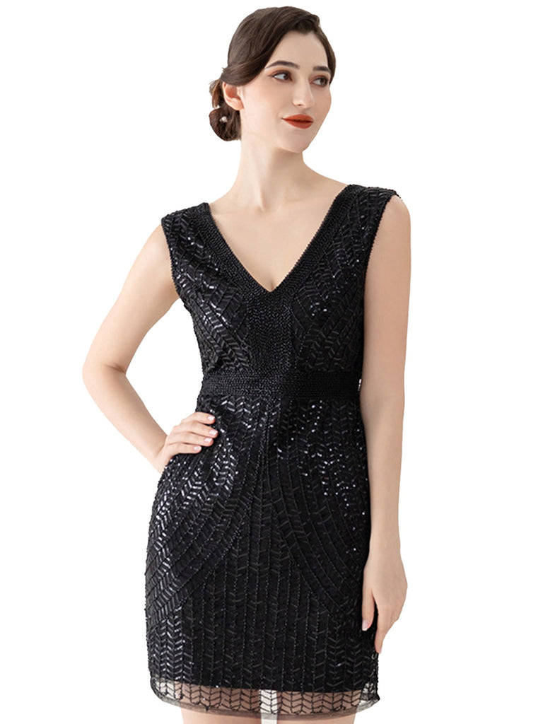 Black 1920s V-Neck Sequined Evening Dress