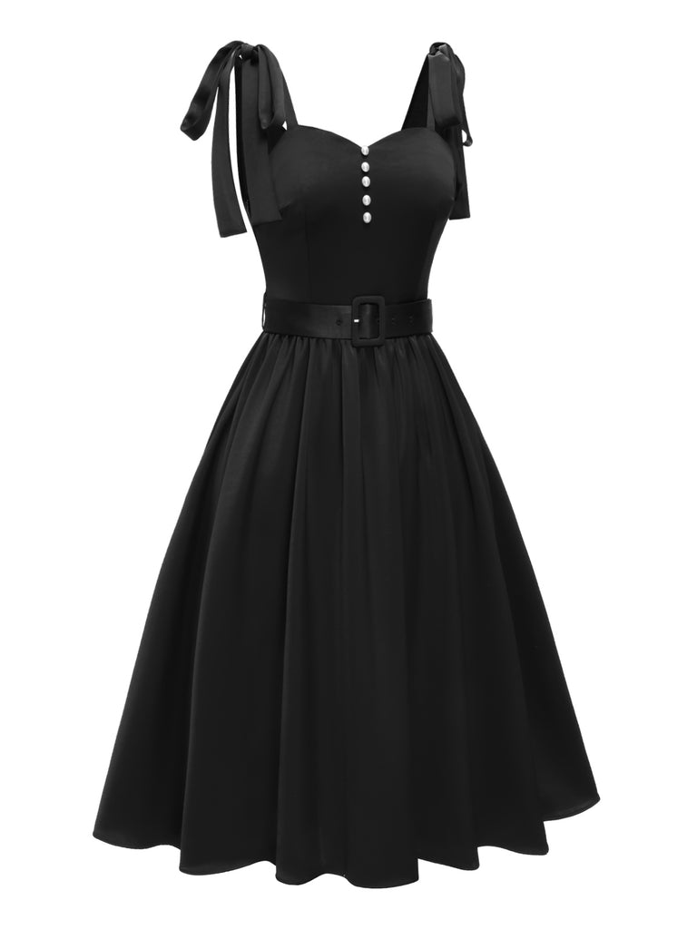 [Pre-Sale] Black 1950s Strap Bow Pearl Satin Belted Dress