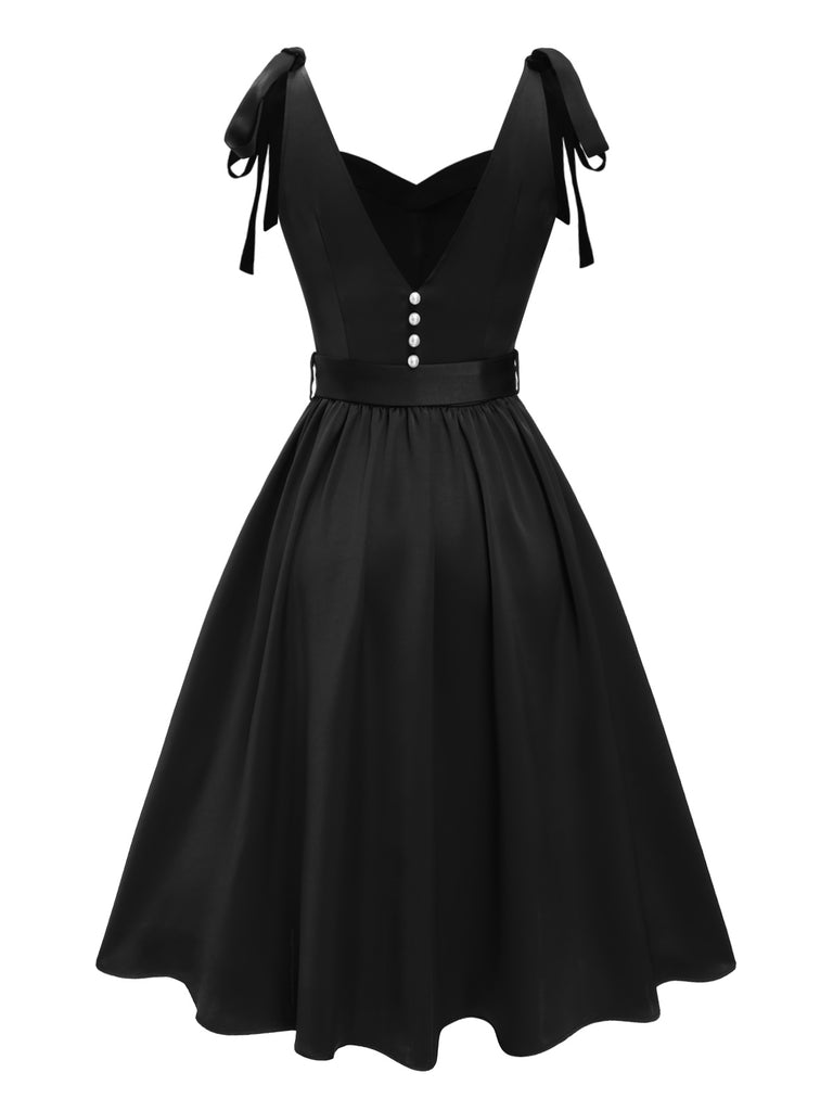 [Pre-Sale] Black 1950s Strap Bow Pearl Satin Belted Dress