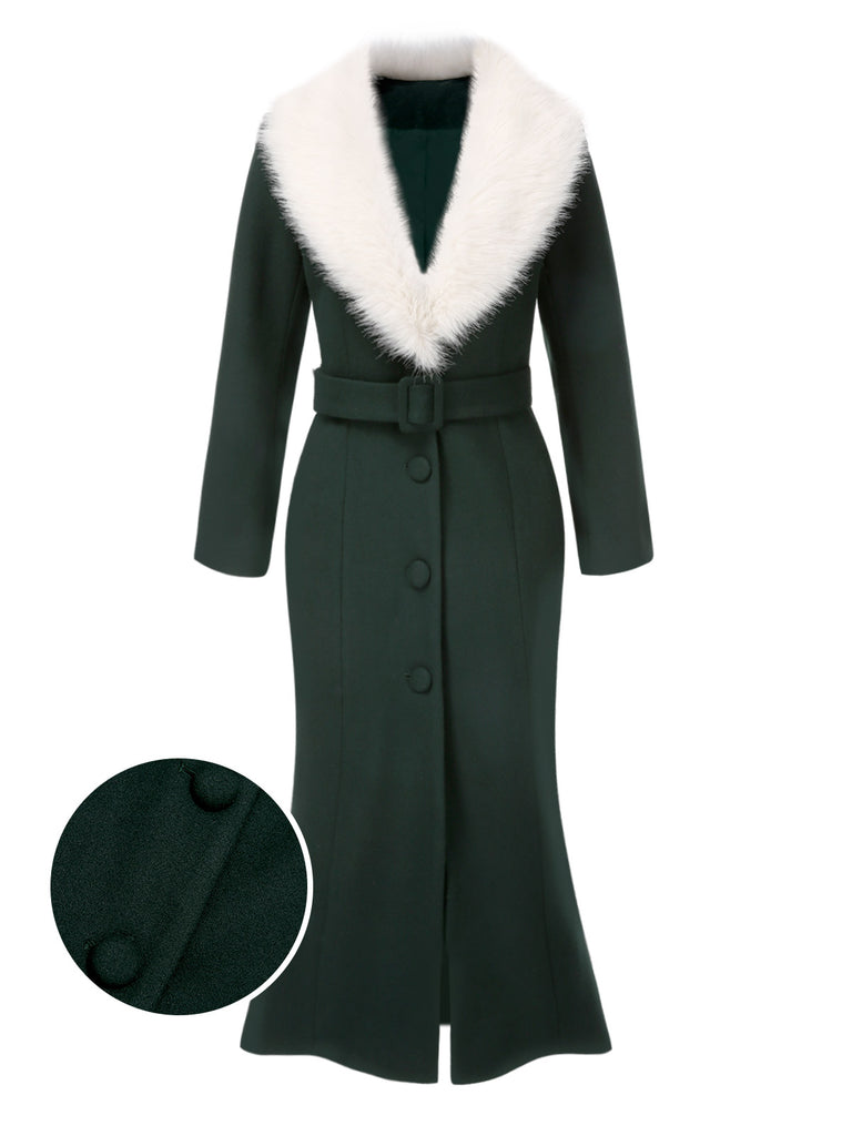 [Pre-Sale] Green 1930s Fur Collar Waisted Slim Coat