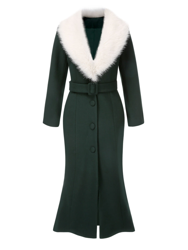 [Pre-Sale] Green 1930s Fur Collar Waisted Slim Coat