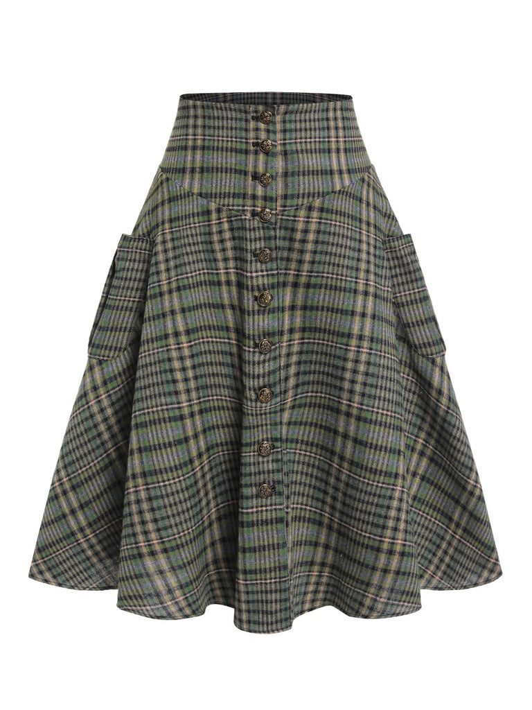 [Pre-Sale] Green 1950s Country Check Button Skirt