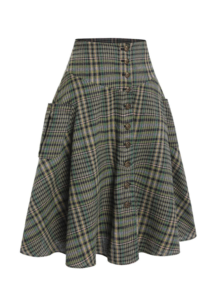 [Pre-Sale] Green 1950s Country Check Button Skirt