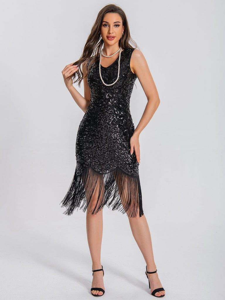 1920s V-Neck Symmetrical Pattern Tassel Sequined Dress