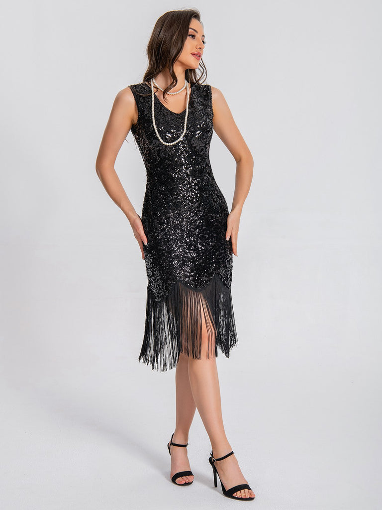 1920s V-Neck Symmetrical Pattern Tassel Sequined Dress