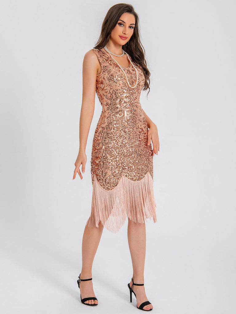 1920s V-Neck Symmetrical Pattern Tassel Sequined Dress