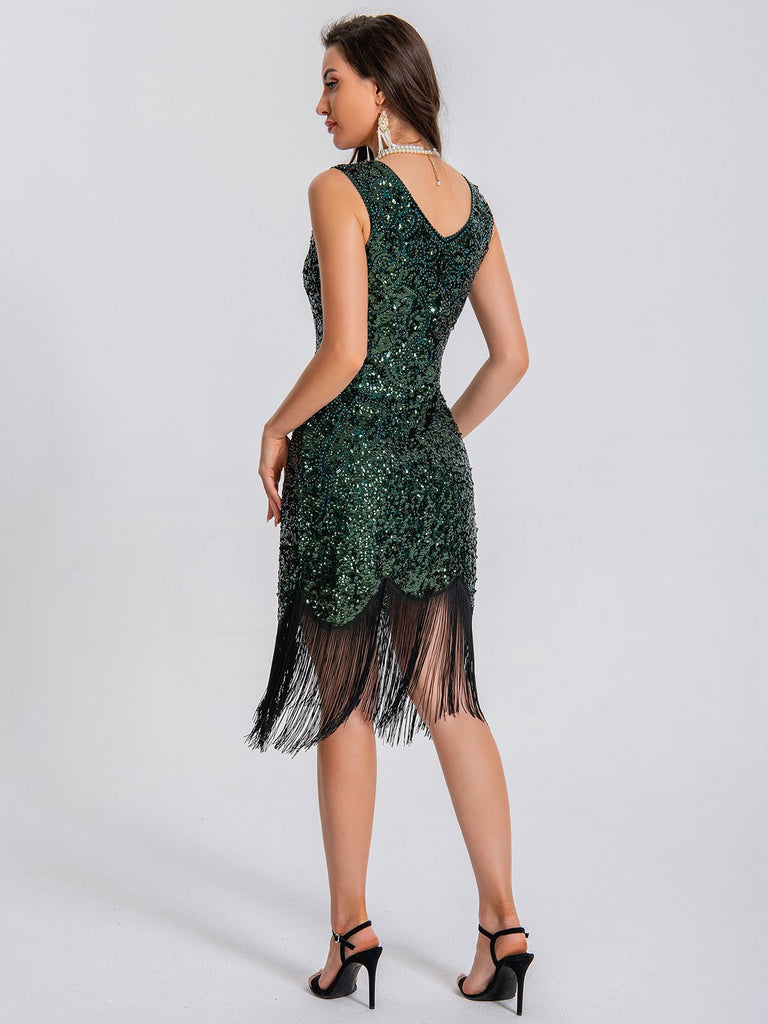 1920s V-Neck Symmetrical Pattern Tassel Sequined Dress