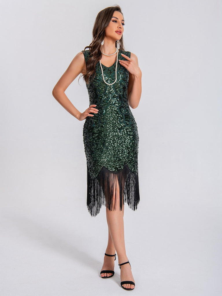 1920s V-Neck Symmetrical Pattern Tassel Sequined Dress