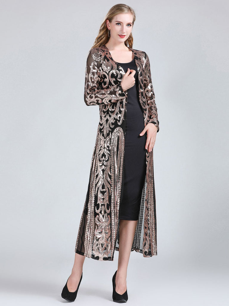 1920s Embroidered Long Sheer Sequin Cardigan