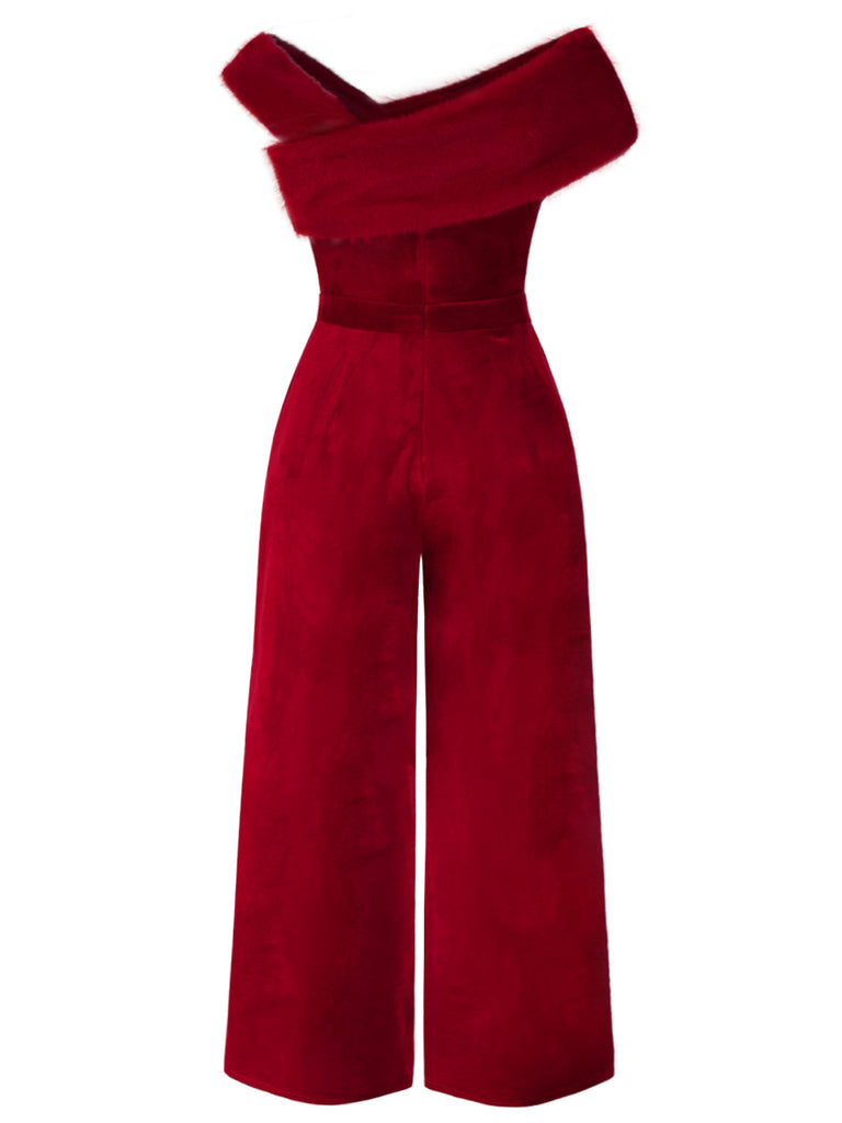 [Plus Size] Red 1950s Velvet Off Shoulder Button Jumpsuit