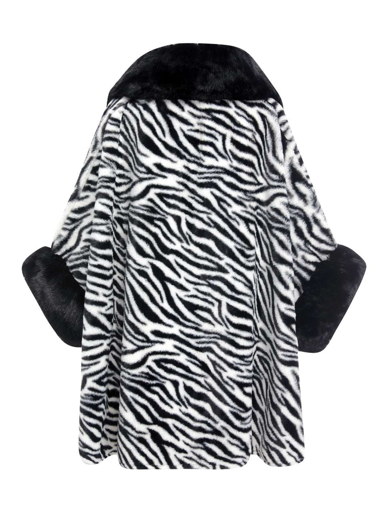 Black 1970s Zebra Fur Collar Cape Coat