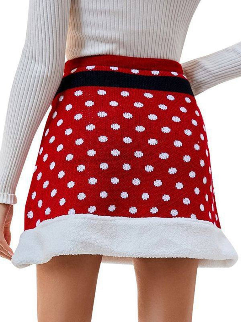 Red 1950s Christmas Polka Dots Knit Skirt