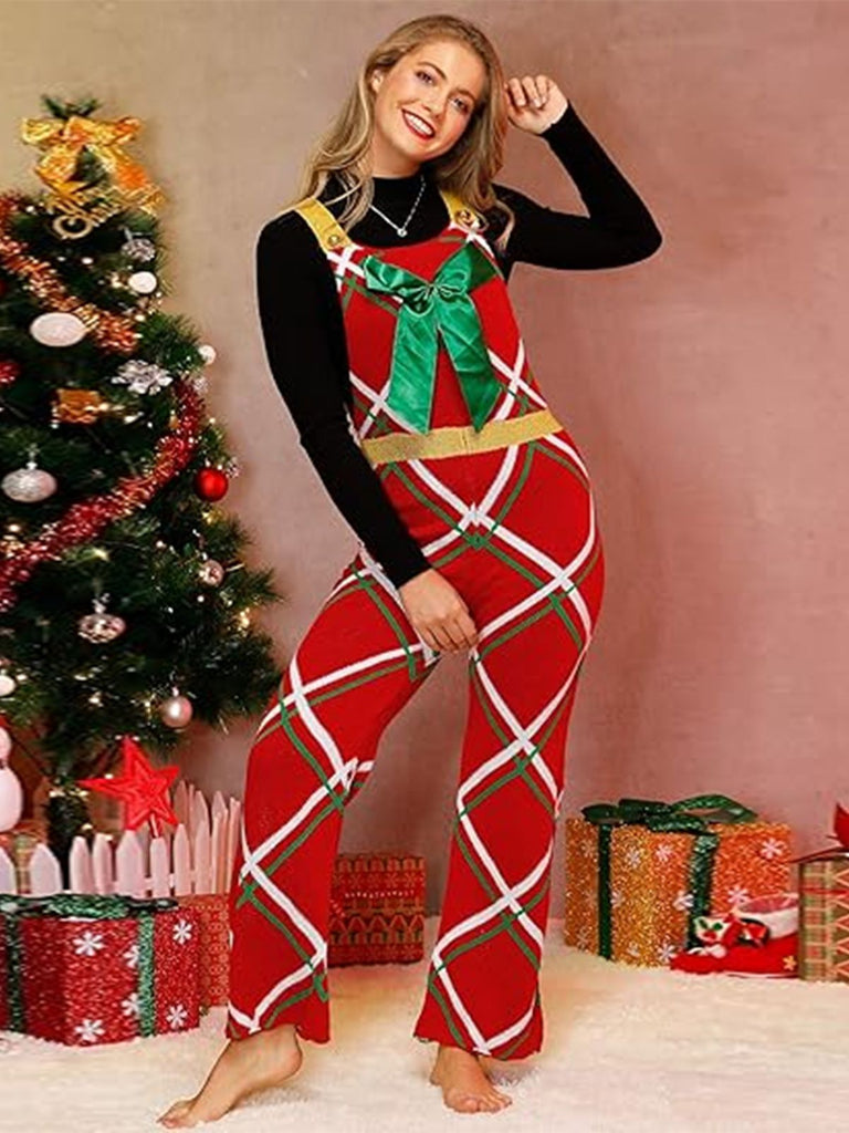 1970s Christmas Gift-Themed Bow Plaid Jumpsuit