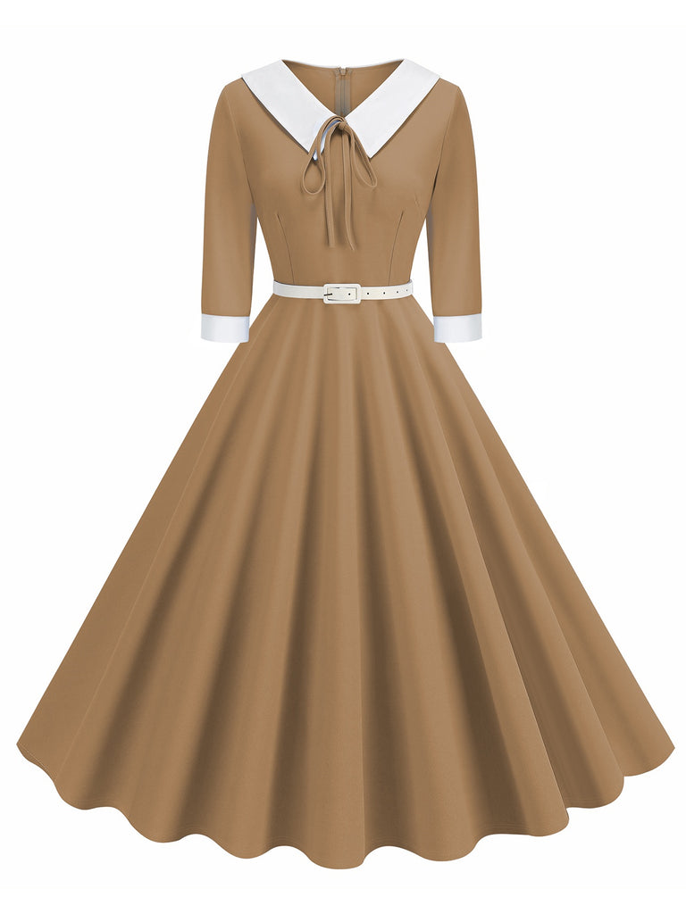 1950s Contrast Tie Neck Belted Lapel Dress