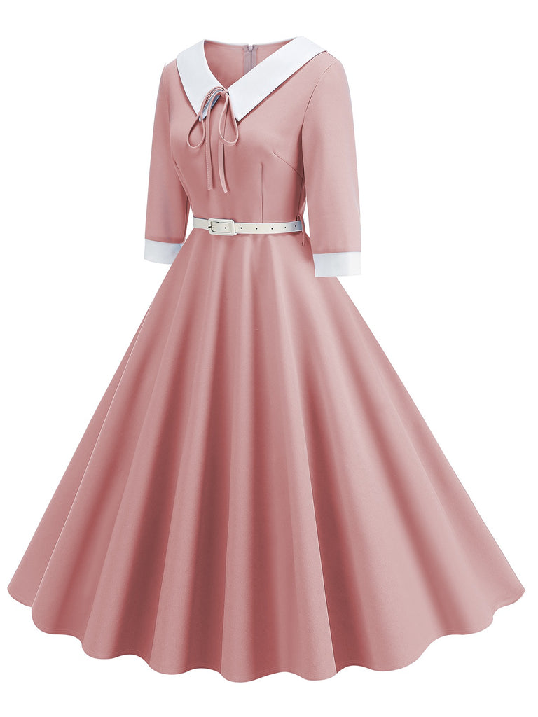 1950s Contrast Tie Neck Belted Lapel Dress