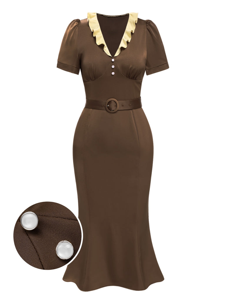 [Pre-Sale] Brown 1930s Contrast Ruffle Collar Mermaid Dress