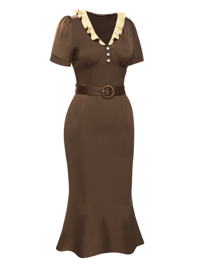 [Pre-Sale] Brown 1930s Contrast Ruffle Collar Mermaid Dress