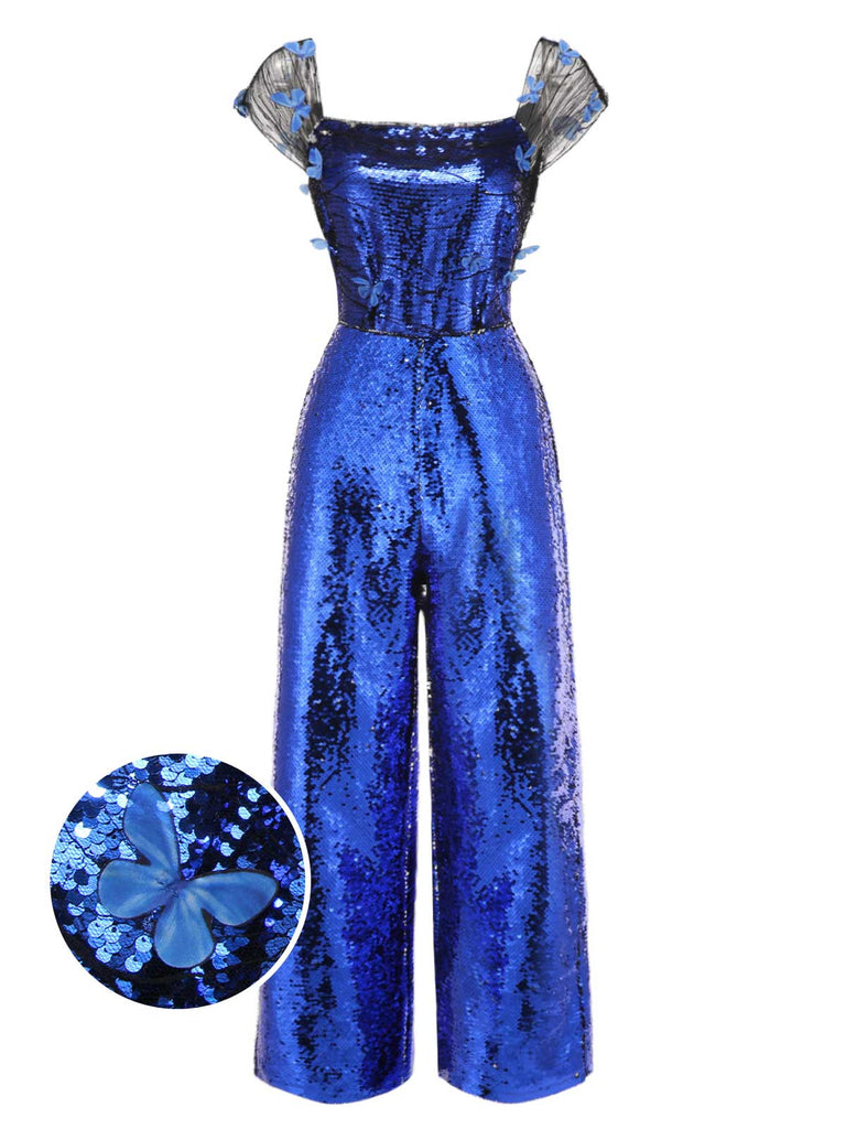 [Pre-Sale] Blue 1950s Square Neck Butterfly Sequined Jumpsuit