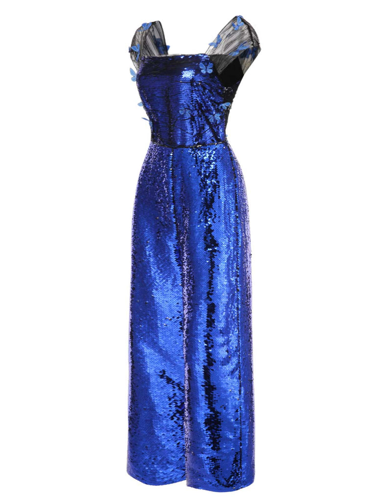 [Pre-Sale] Blue 1950s Square Neck Butterfly Sequined Jumpsuit