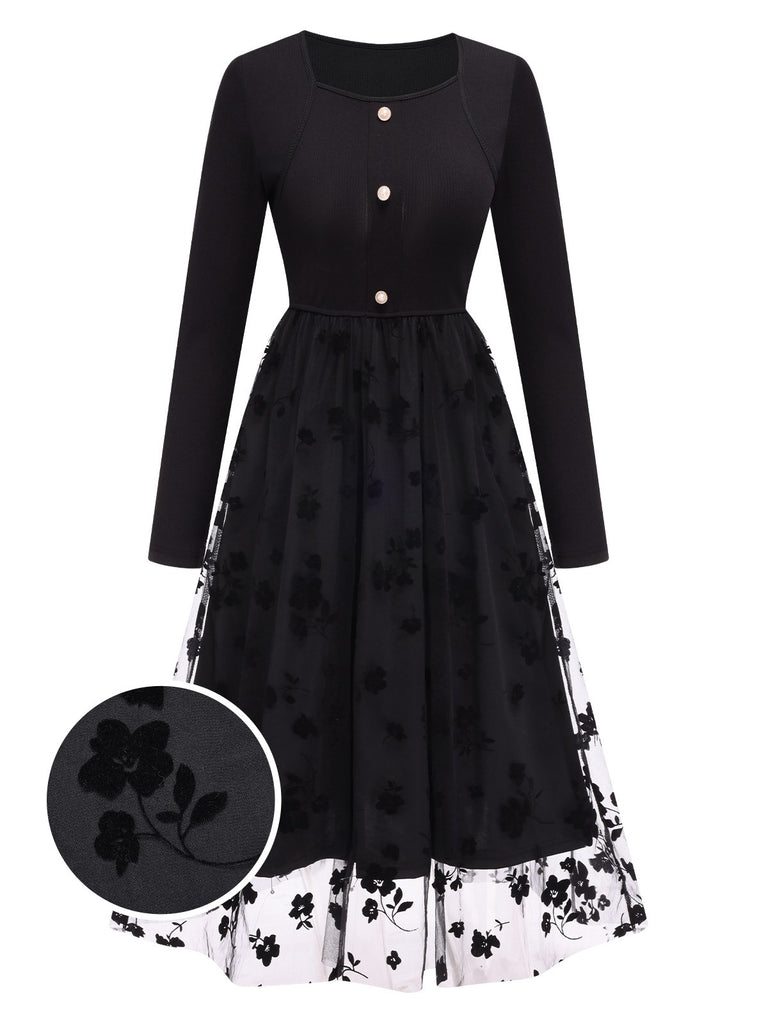 Black 1950s Floral Mesh Patchwork Dress