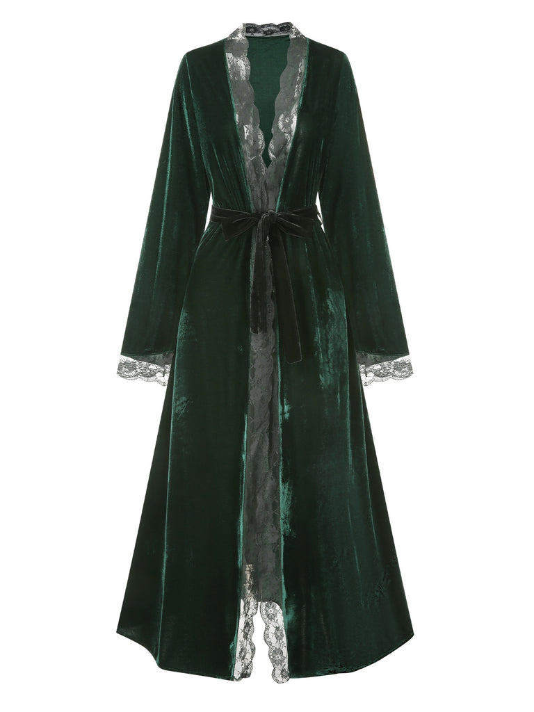 1970s Lace Trim Velvet Lounge Night Robe