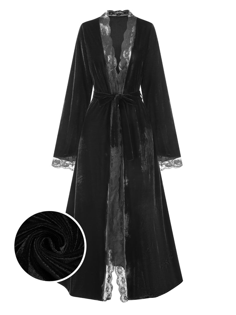 1970s Lace Trim Velvet Lounge Night Robe